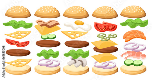 Set of delicious sandwich illustrations ss Burgers set. Ingredients: buns, cheese, bacon, tomato, onion, lettuce, cucumbers, pickle onions, beefs, ham. Vector icons isolated on white background