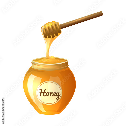 Colorful cartoon illustration of honey pot, honey spoon, organic nature product. Vector