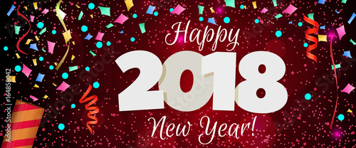 Happy New Year 2018 greeting horizontal banner. Festive illustration with colorful confetti, party popper and sparkles. Vector