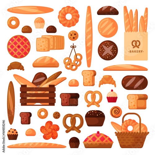 Fresh bread and pastries in flat style