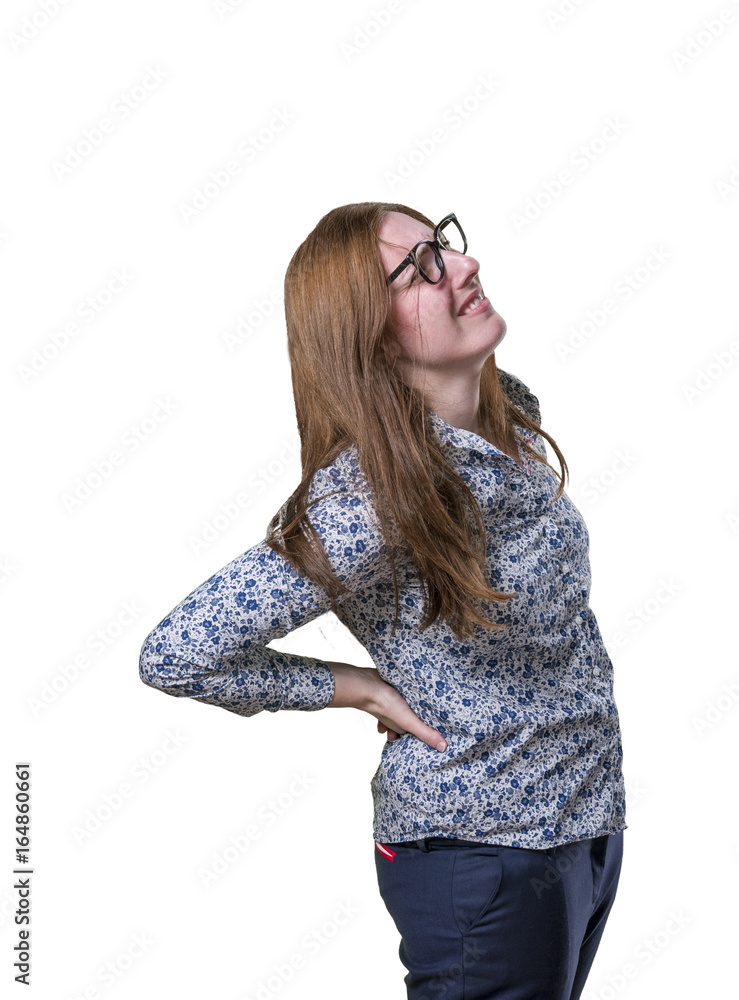 Pretty young happy business woman back pain with glasses. Pretty young happy business woman back pain with glasses.