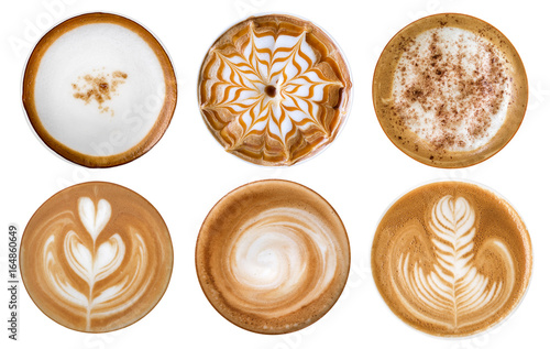 Fototapet Top view of hot coffee cappuccino latte art foam set isolated on white backgroun