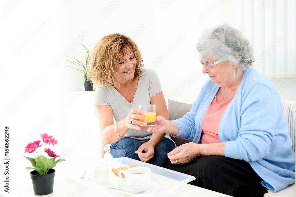 cheerful mature woman serving breakfast and taking care of elderly senior woman at home cheerful mature woman serving breakfast and taking care of elderly senior woman at home
