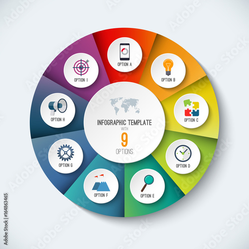 Infographic circle. Vector options banner with 9 steps, parts, pieces. Can be used for cycle diagram, round chart, graph, report