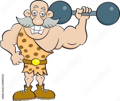 Cartoon illustration of a strongman holding a barbell.