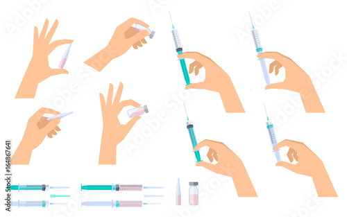 Doctor holds syringes, injectors in his hand to inject vaccine. Nurse holds glass ampoules and vials, phials with drug liquid. Medicine, science and health care flat vector concept illustration set.