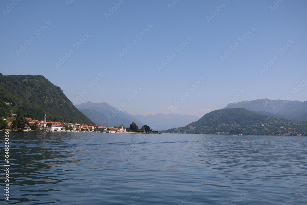 Lake Orta view to Pella and Mount Mottarone, Piedmont Italy 