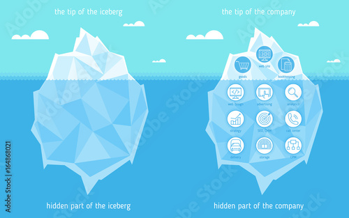 Iceberg infographic template. Business concept Illustration of tip and hidden part of iceberg in the sea.  Flat vector design element. Financial metaphor for web, social media, presentations.