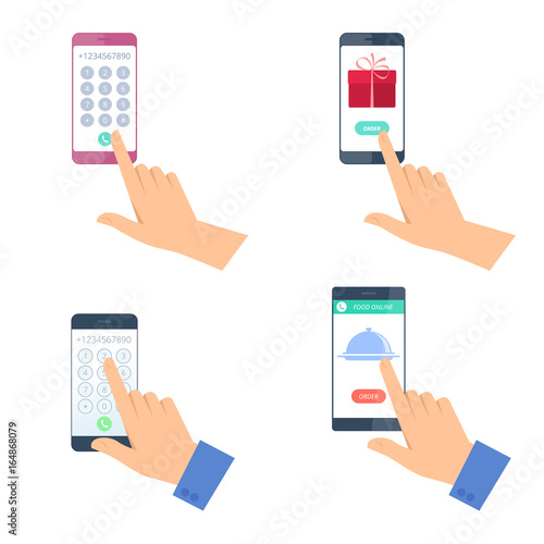 Hands hold the mobile phones. A man dials number on the smartphone. A woman ordering a food and gift by smart phone. Modern technology, cell phone apps flat concept illustration. Vector design element