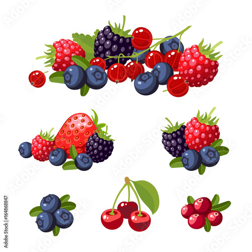 Set of colorful cartoon berries  blueberry  blackberry  cherry  raspberry  red currant  strawberry. Vector flat icon illustration  isolated on white