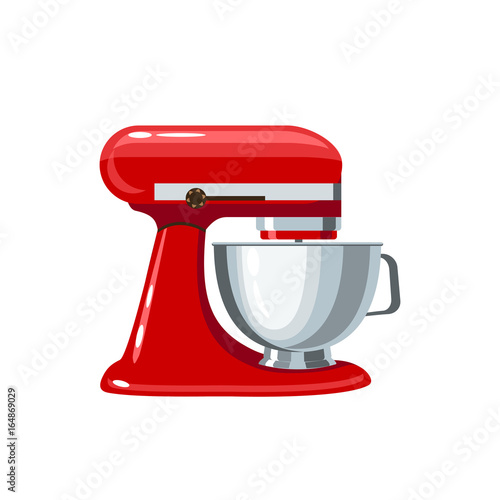 Red stand mixer with metal bowl. Vector illustration flat icon isolated on white. photo