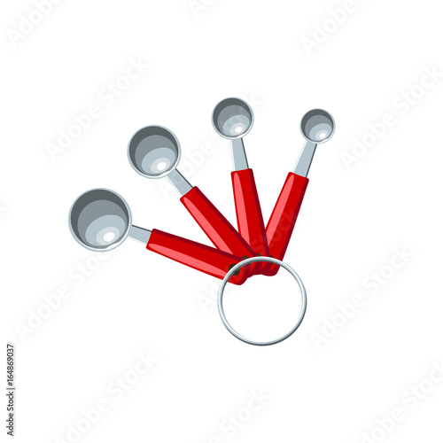 Set of measuring metal spoons with red handles. Vector illustration flat icon isolated on white.