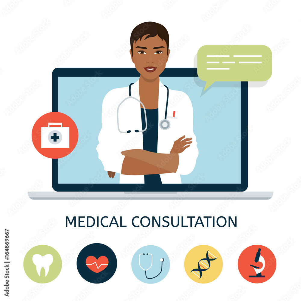 Woman doctor on the laptop screen. Online medical consultation and support. Concept vector illustration in flat style with icons Woman doctor on the laptop screen. Online medical consultation and support. Concept vector illustration in flat style with icons
