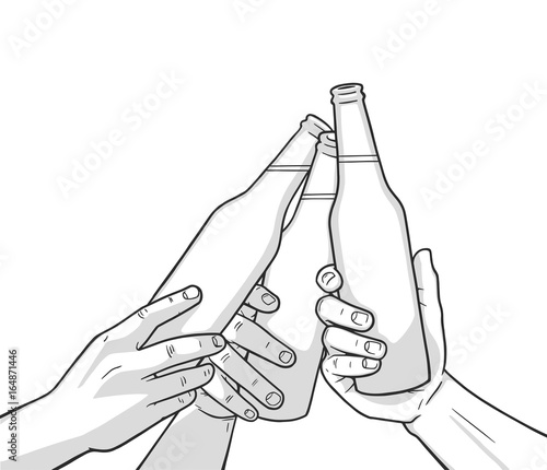 Illustration of raised beer bottles. Cheers