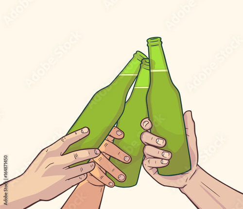 Illustration of raised beer bottles in vintage color. Cheers