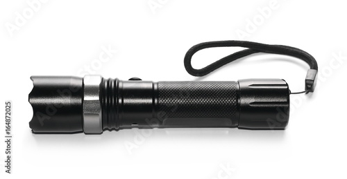 Black police flashlight isolated on white background
