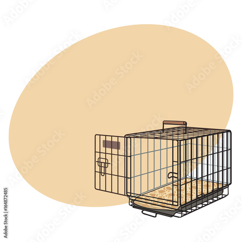 Metal wire cage, crate for pet, cat, dog transportation, sketch style vector illustration with space for text. Hand drawn metal wire dog crate, cage on white background