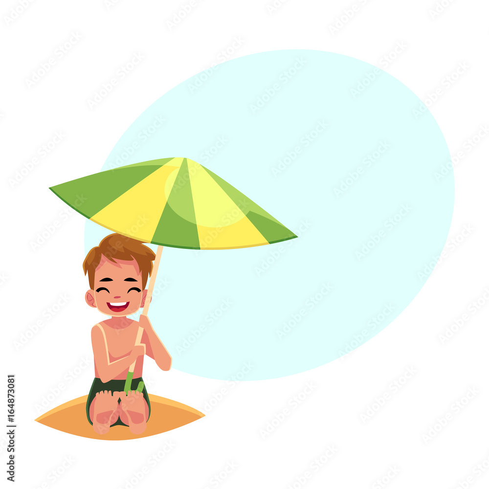 Happy little boy hiding from sun under big beach umbrella, cartoon vector illustration with space for text. Little boy, child, kid sitting on the beach under big umbrella