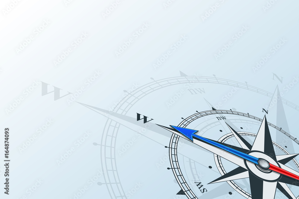 Compass west. Compass with wind rose, the arrow points to the west. Compass on a blue background. Compass illustrations can be used as background. Flat background with copy space place. Travel concept Compass west. Compass with wind rose, the arrow points to the west. Compass on a blue background. Compass illustrations can be used as background. Flat background with copy space place. Travel concept