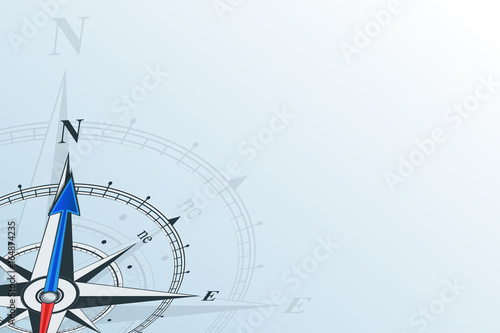 Compass north. Compass with wind rose, the arrow points to the north. Compass on a blue background. Compass illustrations can be used as background. Flat background with copy space. Travel concept.