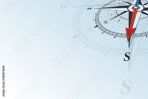 Compass south. Compass with wind rose, the arrow points to the south. Compass on a blue background. Compass illustrations can be used as background. Flat background with copy space place.