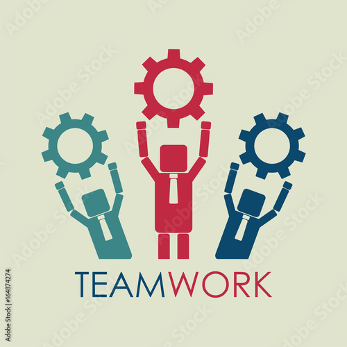Business people hold gears. Teamwork concept. Human resources recruit. Vector illustration.