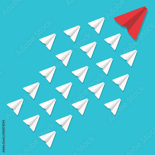 Leadership concept. Red paper plane leading white airplanes. Success, winner abstract vector illustration. © yusa2