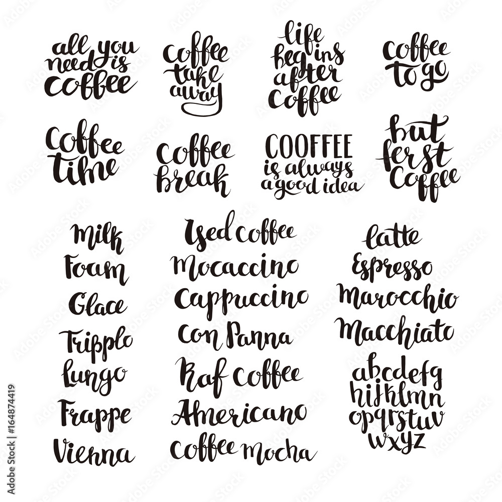 Coffee shop menu. Handwritten lettering vector elements. Quote about coffee. Abc letters for you text. Black hand written illustration isolated on white background