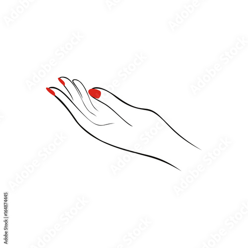 Female hand with red nails, manicure. Fashion saloon logotype. Vector illustration. White background