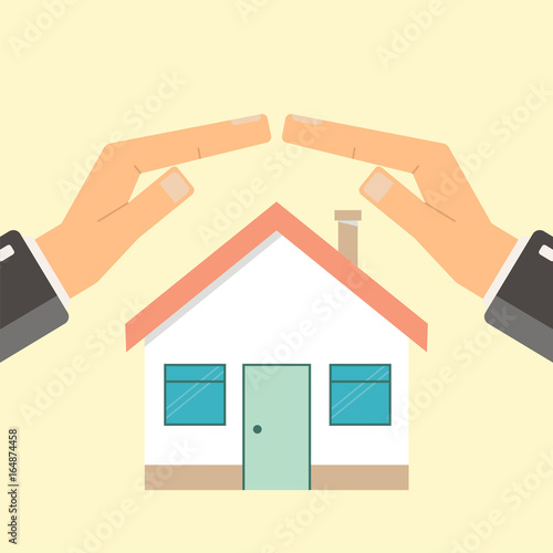 Concept of insurance and protection, security. Hands of agent protect house. Flat vector illustration.