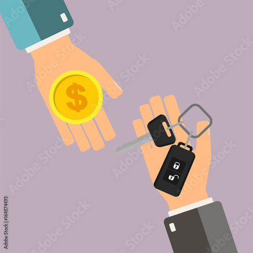 Car rental or sale concept. Hand of agent hold car key, hand of buyer hold gold coin. Vector illustration