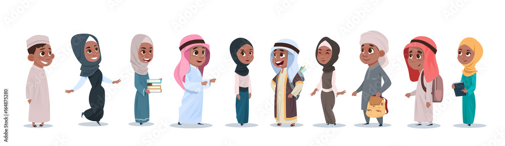 Arab Children Girls And Boys Group Small Cartoon Pupils Collection Muslim Students Flat Vector Illustration
