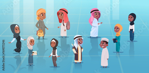 Arab Children Girls And Boys Set Small Cartoon Pupils Collection Muslim Students Flat Vector Illustration