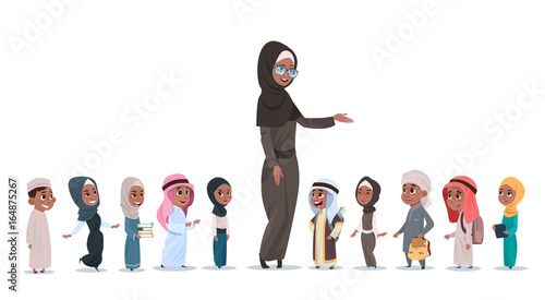 Arab Children Pupils With Female Teacher Muslim Schoolchildren Group Flat Vector Illustration