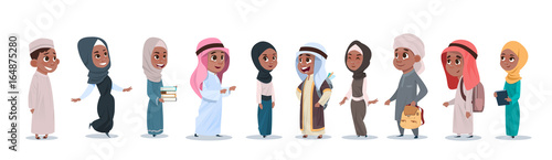 Fotografie, Tablou Arab Children Girls And Boys Group Small Cartoon Pupils Collection Muslim Studen