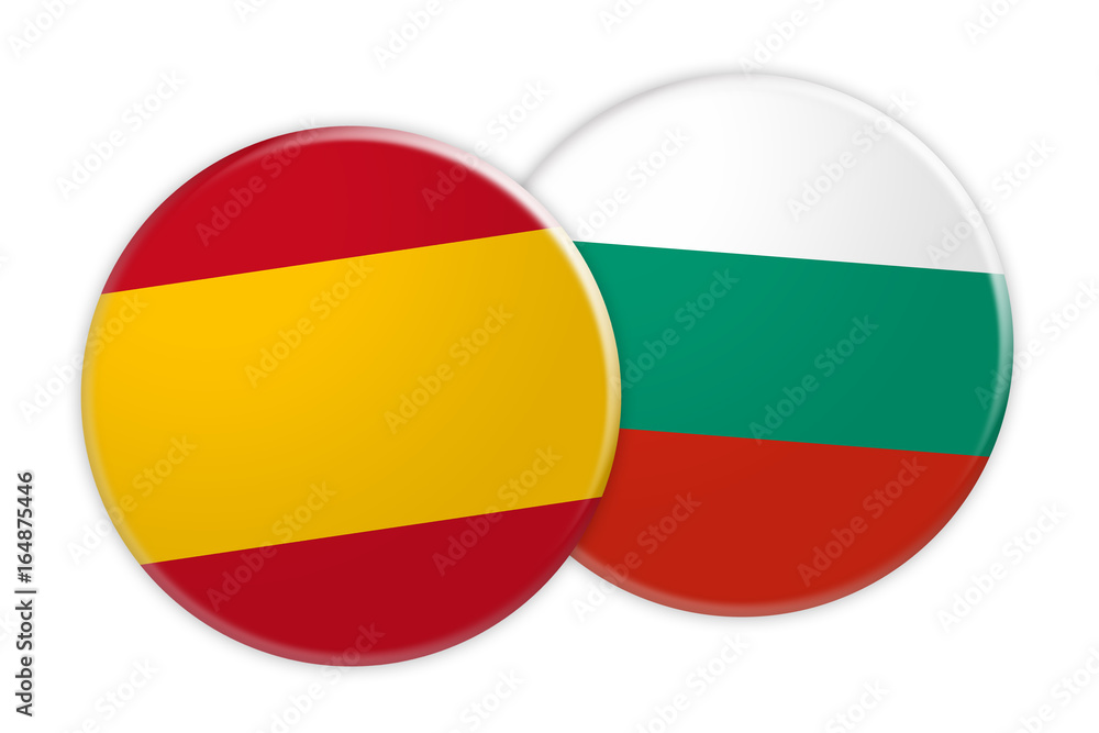 News Concept: Spain Flag Button On Bulgaria Flag Button, 3d illustration on white background