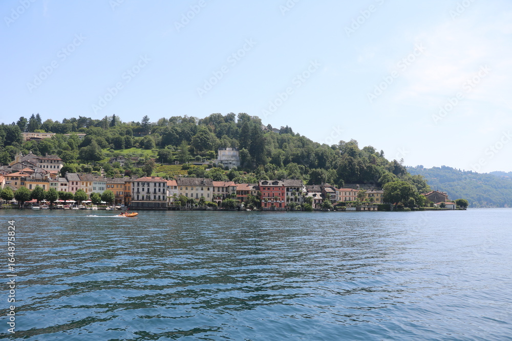 View from Lake Orta to Orta San Giulio, Piedmont Italy 