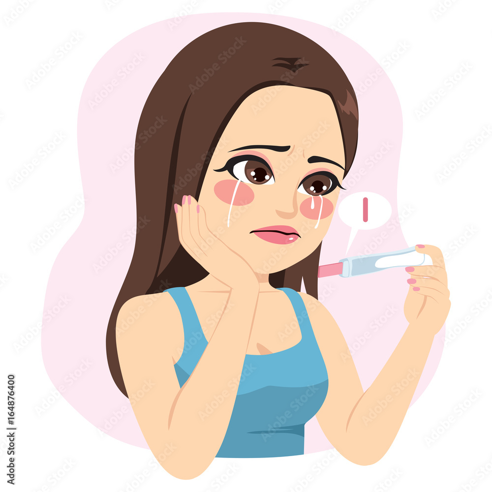 Young sad beautiful brunette woman holding pregnancy test with negative result Young sad beautiful brunette woman holding pregnancy test with negative result