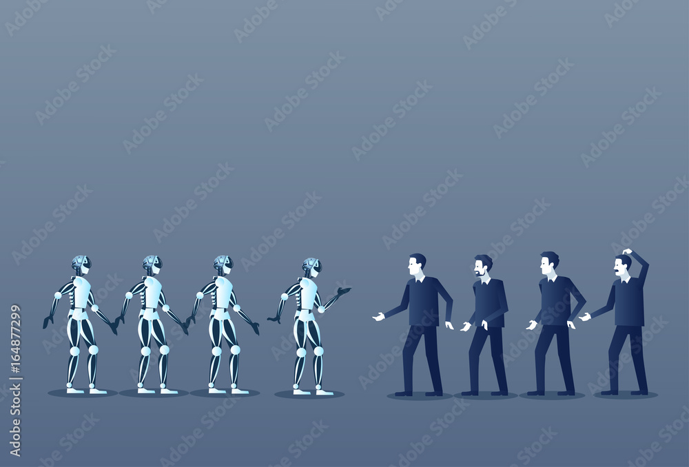 People And Robots Modern Human And Artificial Intelligence Futuristic Mechanism Technology Vector Illustration People And Robots Modern Human And Artificial Intelligence Futuristic Mechanism Technology Vector Illustration