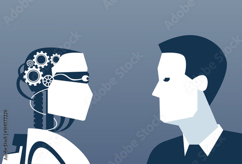 People And Robots Modern Human And Artificial Intelligence Futuristic Mechanism Technology Vector Illustration