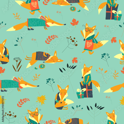 Fotografija Cute foxes seamless pattern with autumn leaves