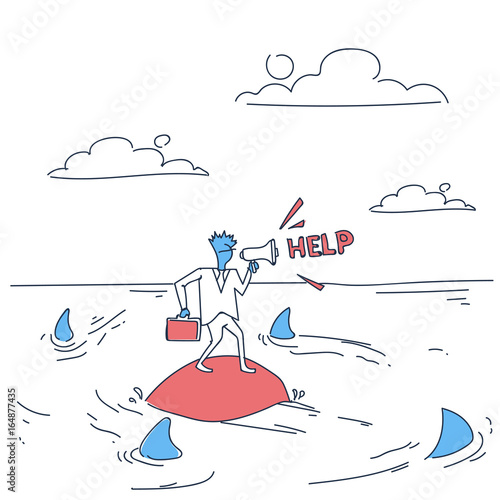 Business Man On Island In Sea Water With Sharks Around Asking Help Concept Financial Crisis Doodle Vector Illustration