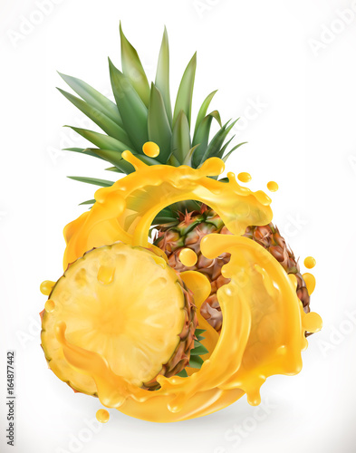 Pineapple juice. Fresh fruit. 3d realism, vector icon