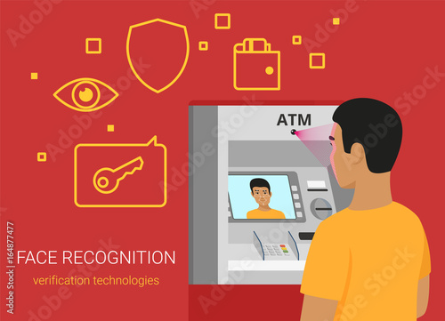 Face recognition and atm identification. Flat vector illustration of young african man getting access to bank atm by face recognition technology. Yong man standing near bankomat with face on screen