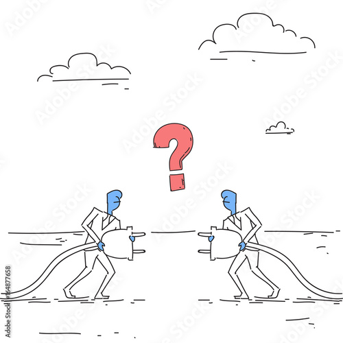 Business Men Holding Electrical Plug Teamwork Businesspeople Connection Concept Doodle Vector Illustration