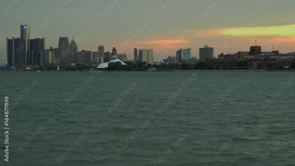 View of the Detroit skyline during the sunset from the water - Tilt Up View of the Detroit skyline during the sunset from the water - Tilt Up