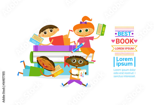 Group Of Kids With Books Reading Cute Children Happy Smiling Flat Vector Illustration