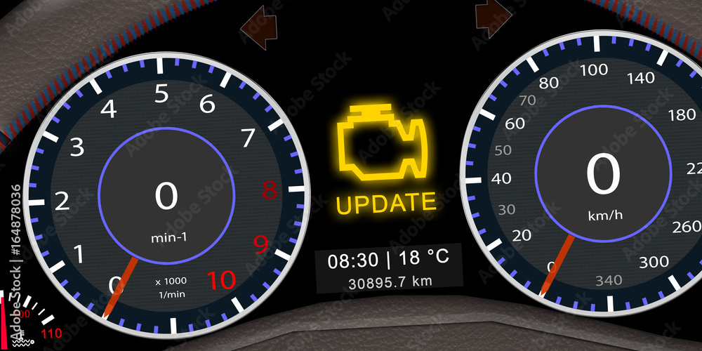 Fototapeta premium ps_13 ProgrammingScreen - german - Auto Armaturenbrett / Kombiinstrument mit der Anzeige - Update - english - display message - software update - self-driving car illustration - 2to1 - g5309