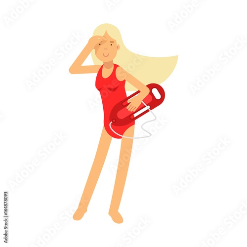 Lifeguard girl character in a red swimsuit holding life preserver buoy and looking into the distance vector Illustration