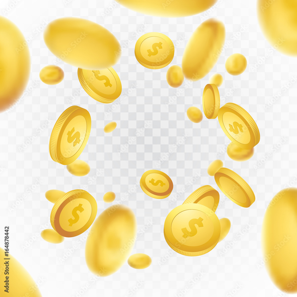 Realistic Casino golden coins explosion background. Isolated fortune rain on transparent layout. Jackpot lottery glory concept